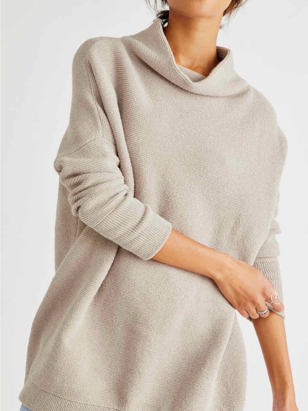 Free People Relaxed Cowl Neck Sweater in Light Taupe